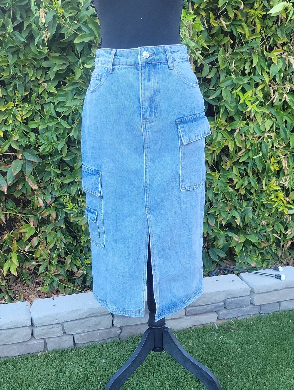 Walter Baker Tally Blue Denim Cargo Utility Midi Skirt with Front Slit